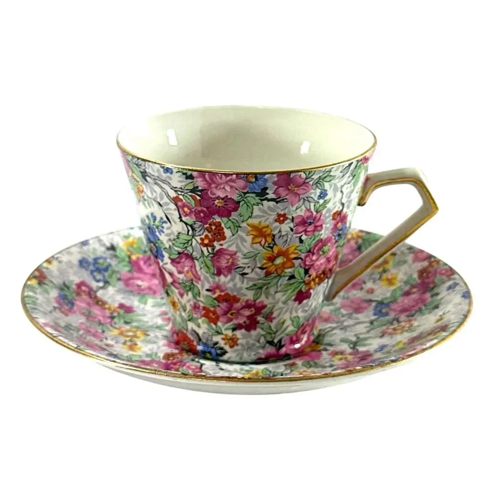 BCM Nelson Ware Chintz Floral Teacup & Saucer England Pink Blue Gold Trim